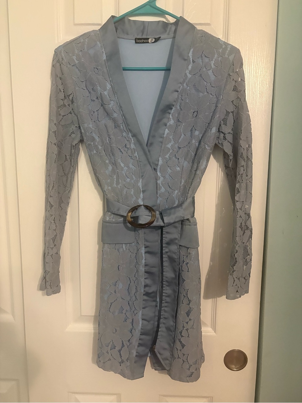 Boohoo Light Blue Lace Wrap Dress with Belt